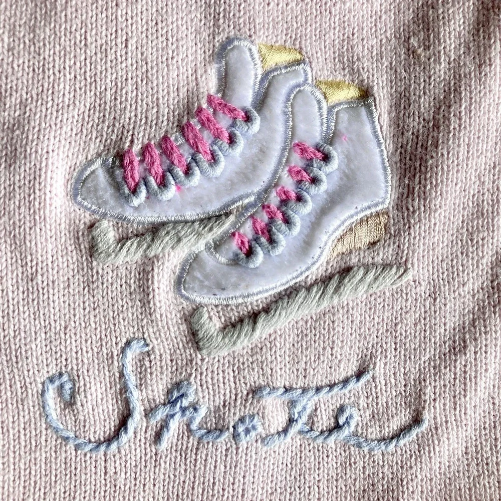 Vtg Embroidered Sweater 3D Girls Ice Skating Pink 2T Cotton Ramie Winter Snow